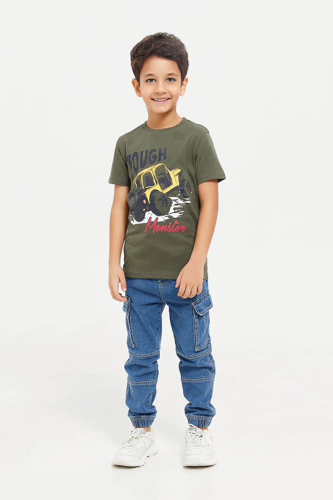 Boys Olive Monster Car Chest Print Short Sleeve T-Shirt