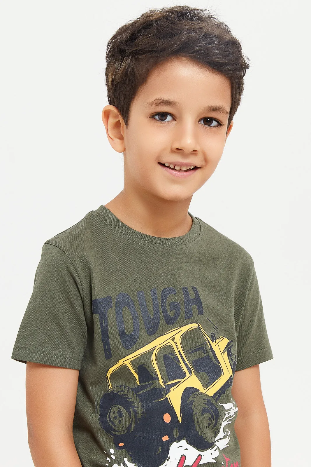 Boys Olive Monster Car Chest Print Short Sleeve T-Shirt
