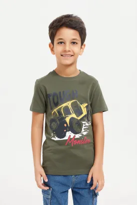 Boys Olive Monster Car Chest Print Short Sleeve T-Shirt