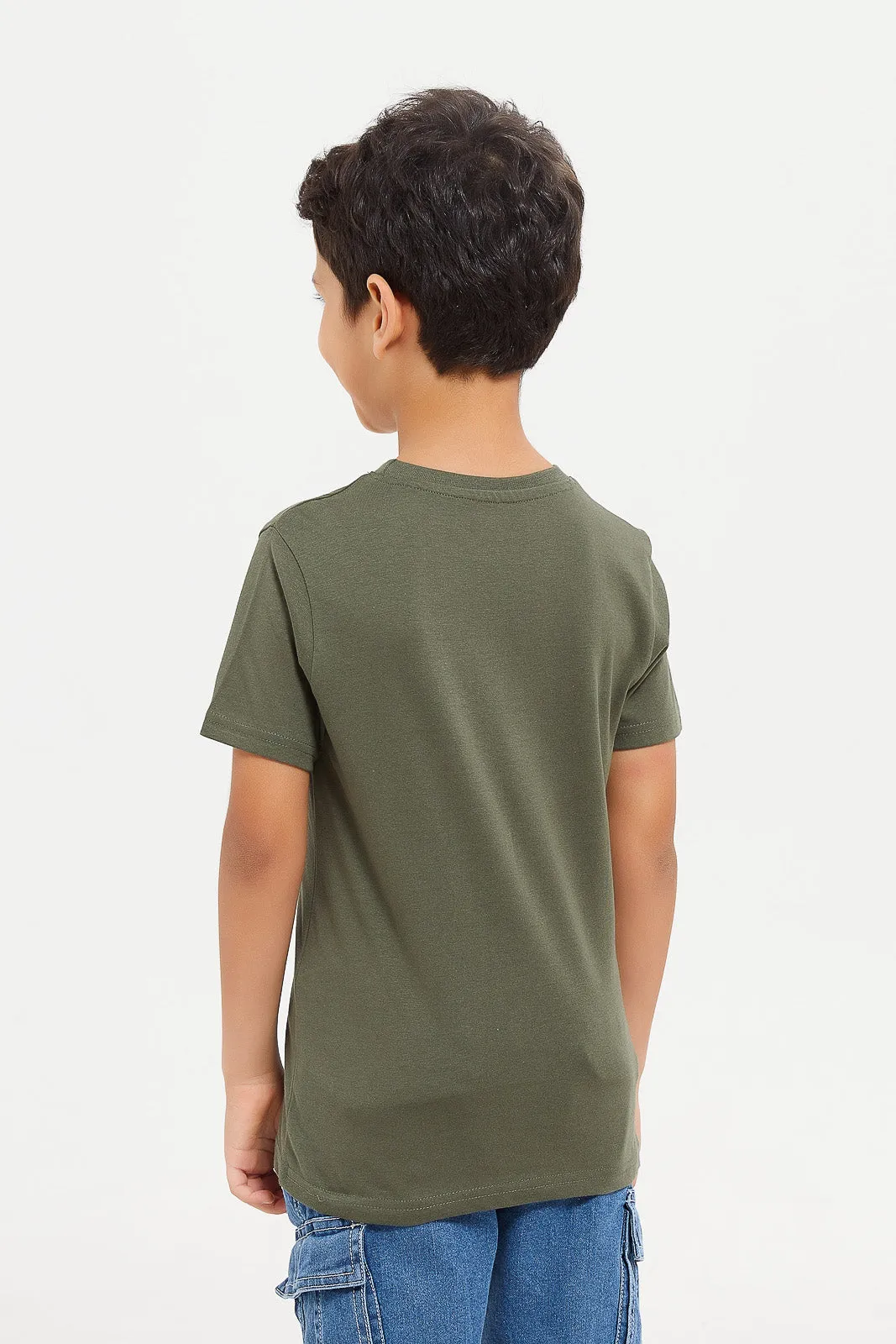 Boys Olive Monster Car Chest Print Short Sleeve T-Shirt