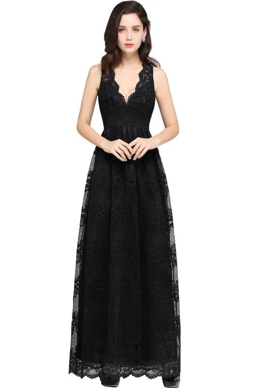 Elegant Sleeveless Bridesmaid Dress Floral Lace V-Neck Ankle Length Evening Dresses