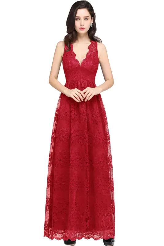 Elegant Sleeveless Bridesmaid Dress Floral Lace V-Neck Ankle Length Evening Dresses