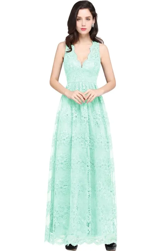 Elegant Sleeveless Bridesmaid Dress Floral Lace V-Neck Ankle Length Evening Dresses