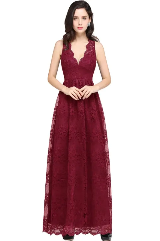 Elegant Sleeveless Bridesmaid Dress Floral Lace V-Neck Ankle Length Evening Dresses