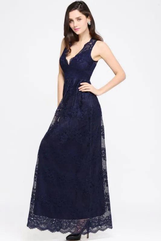 Elegant Sleeveless Bridesmaid Dress Floral Lace V-Neck Ankle Length Evening Dresses