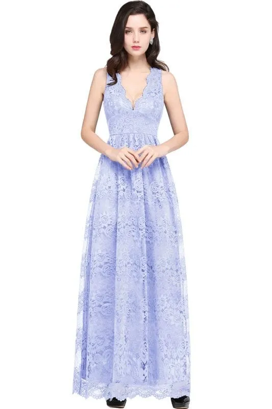 Elegant Sleeveless Bridesmaid Dress Floral Lace V-Neck Ankle Length Evening Dresses