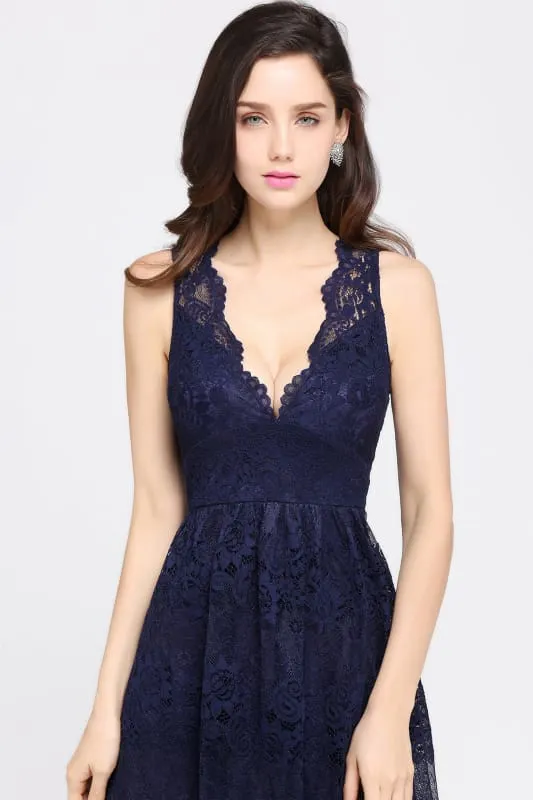 Elegant Sleeveless Bridesmaid Dress Floral Lace V-Neck Ankle Length Evening Dresses
