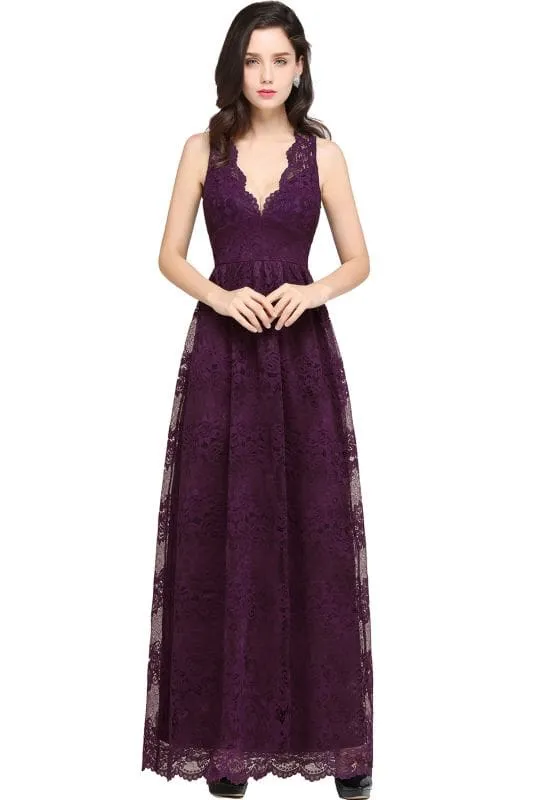 Elegant Sleeveless Bridesmaid Dress Floral Lace V-Neck Ankle Length Evening Dresses