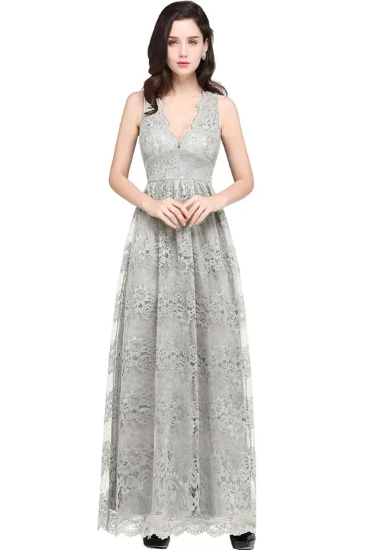 Elegant Sleeveless Bridesmaid Dress Floral Lace V-Neck Ankle Length Evening Dresses
