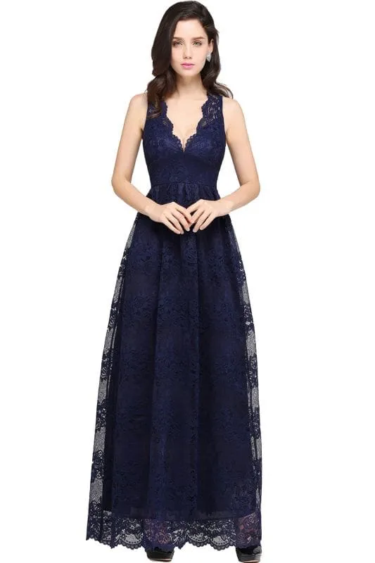 Elegant Sleeveless Bridesmaid Dress Floral Lace V-Neck Ankle Length Evening Dresses