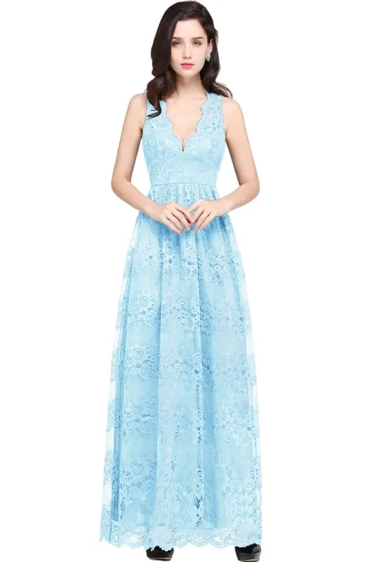 Elegant Sleeveless Bridesmaid Dress Floral Lace V-Neck Ankle Length Evening Dresses