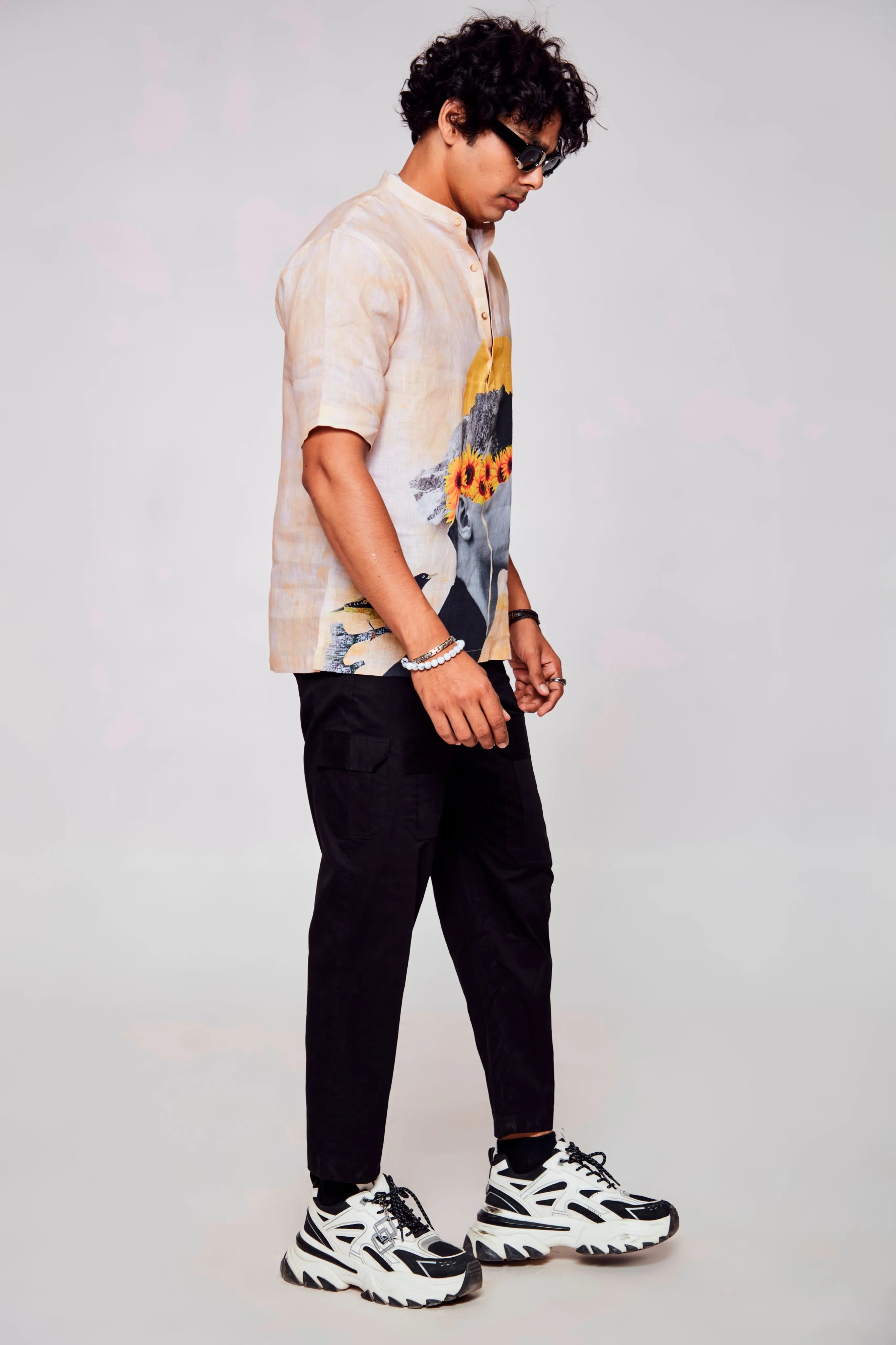 Infinite Embrace Printed Shirt : Depths of Self Expression through Faces - Pure Linen Short Sleeve Kurta