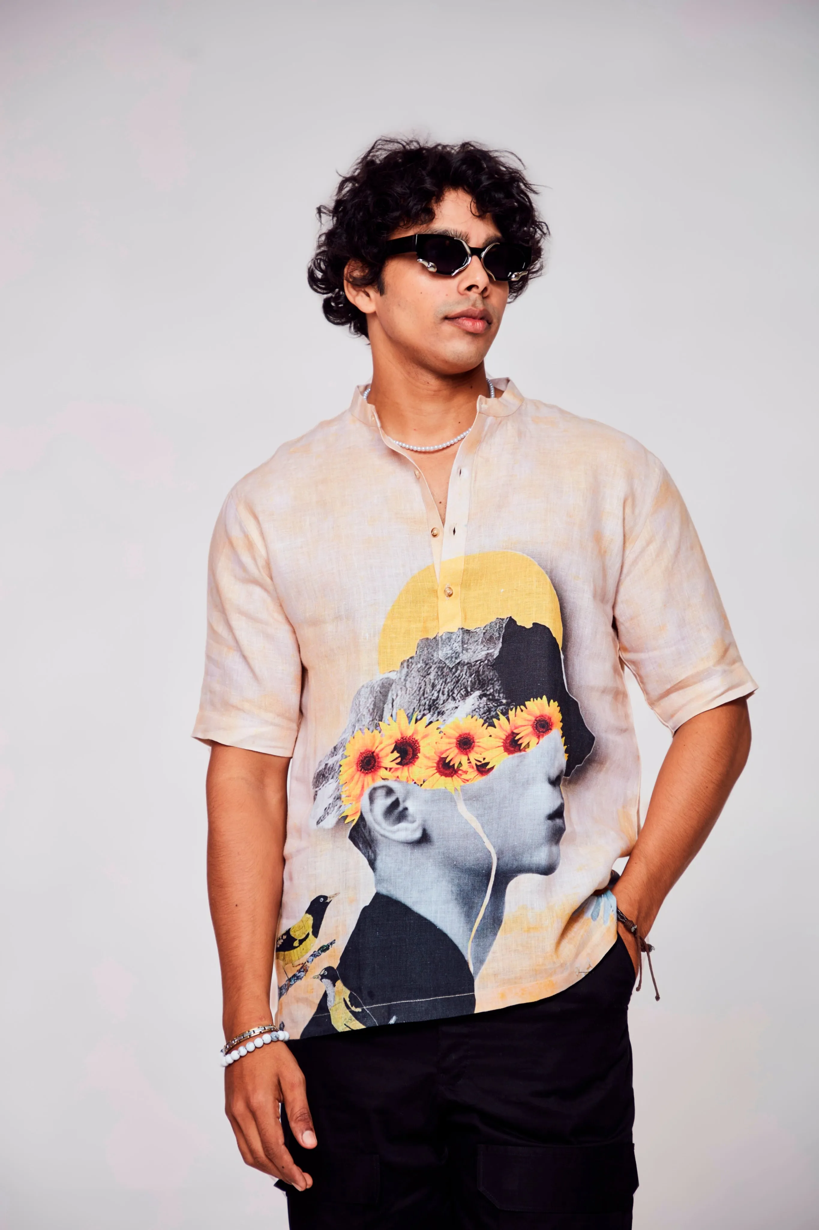 Infinite Embrace Printed Shirt : Depths of Self Expression through Faces - Pure Linen Short Sleeve Kurta