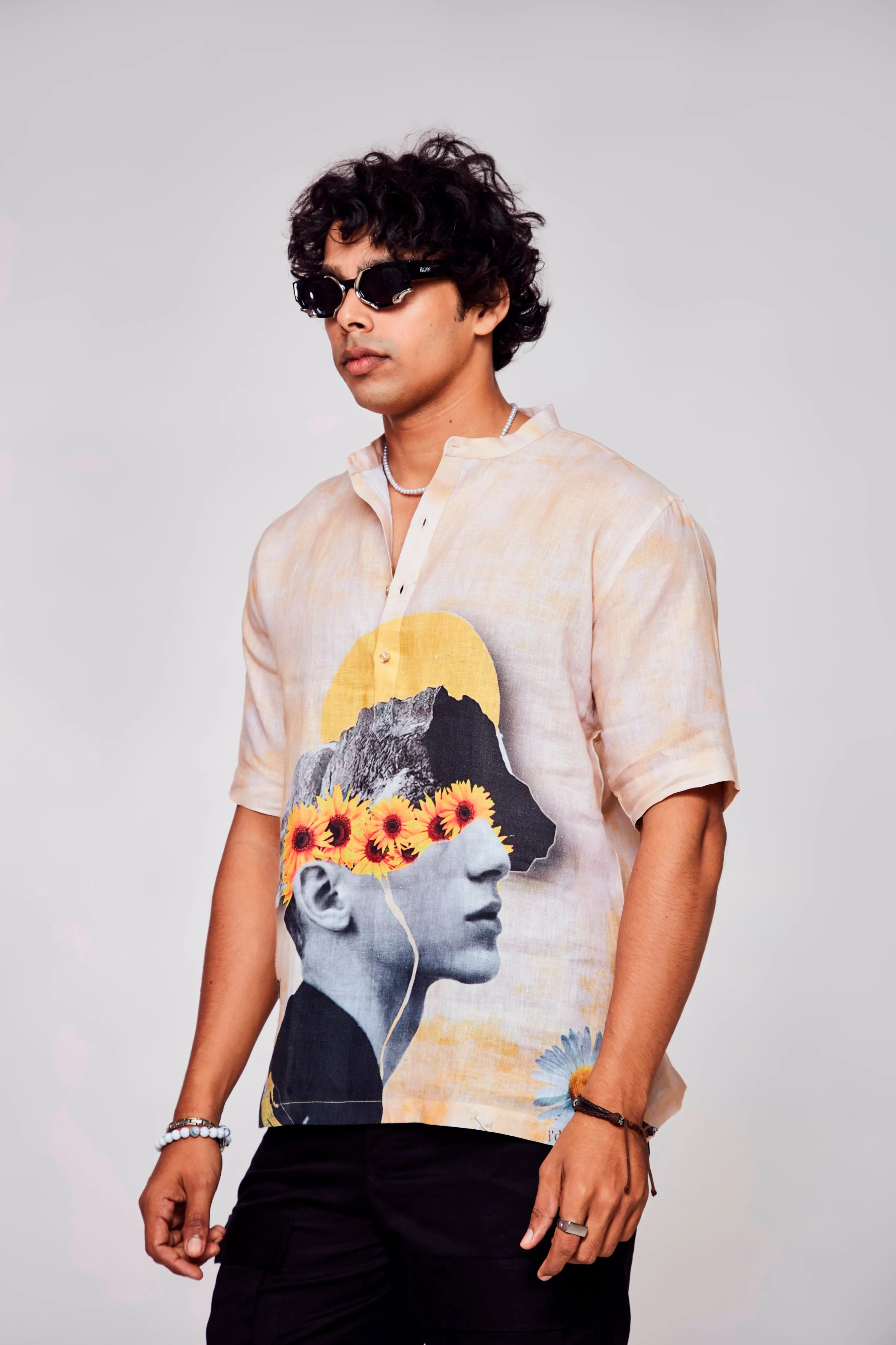 Infinite Embrace Printed Shirt : Depths of Self Expression through Faces - Pure Linen Short Sleeve Kurta
