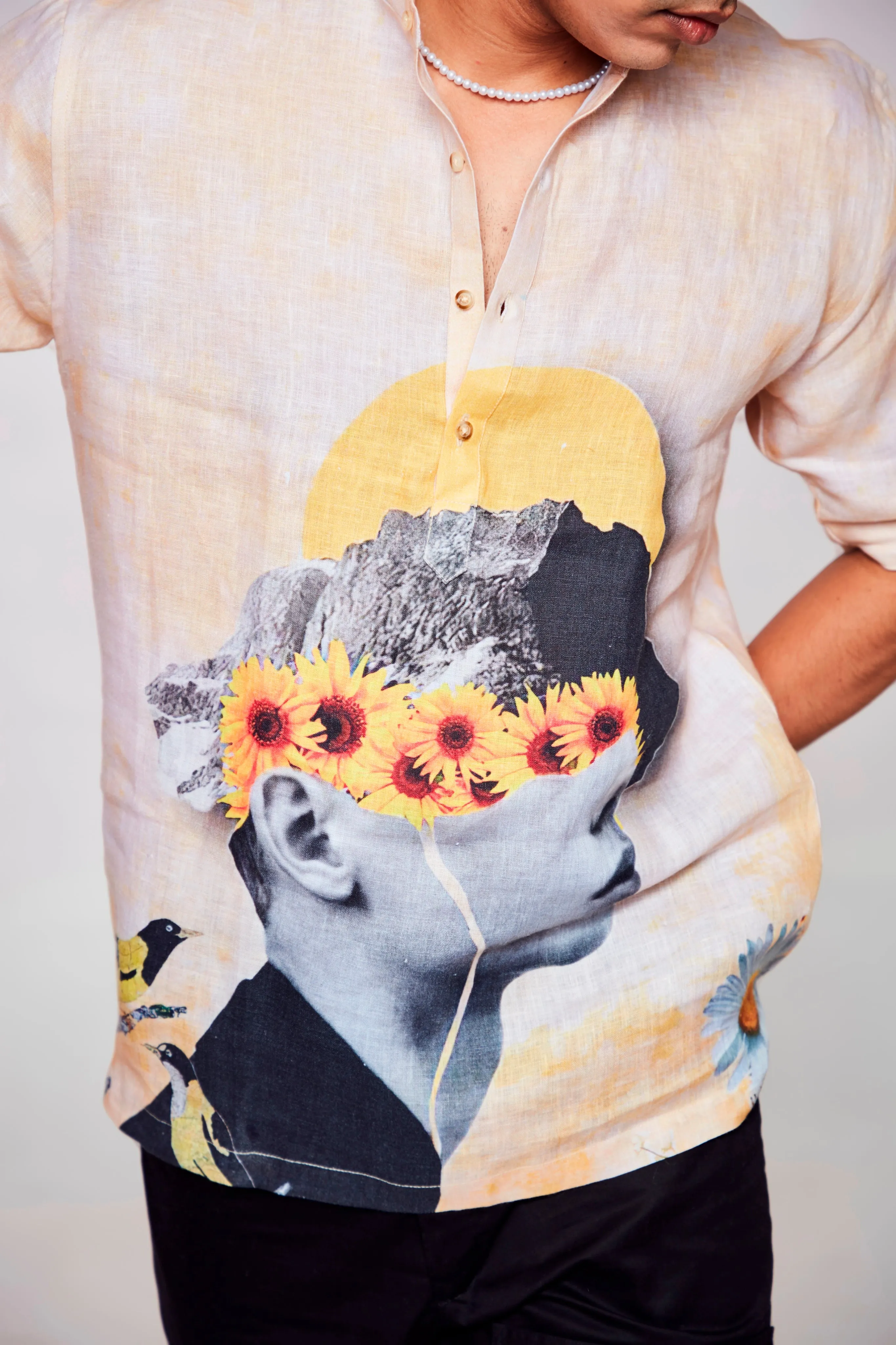 Infinite Embrace Printed Shirt : Depths of Self Expression through Faces - Pure Linen Short Sleeve Kurta