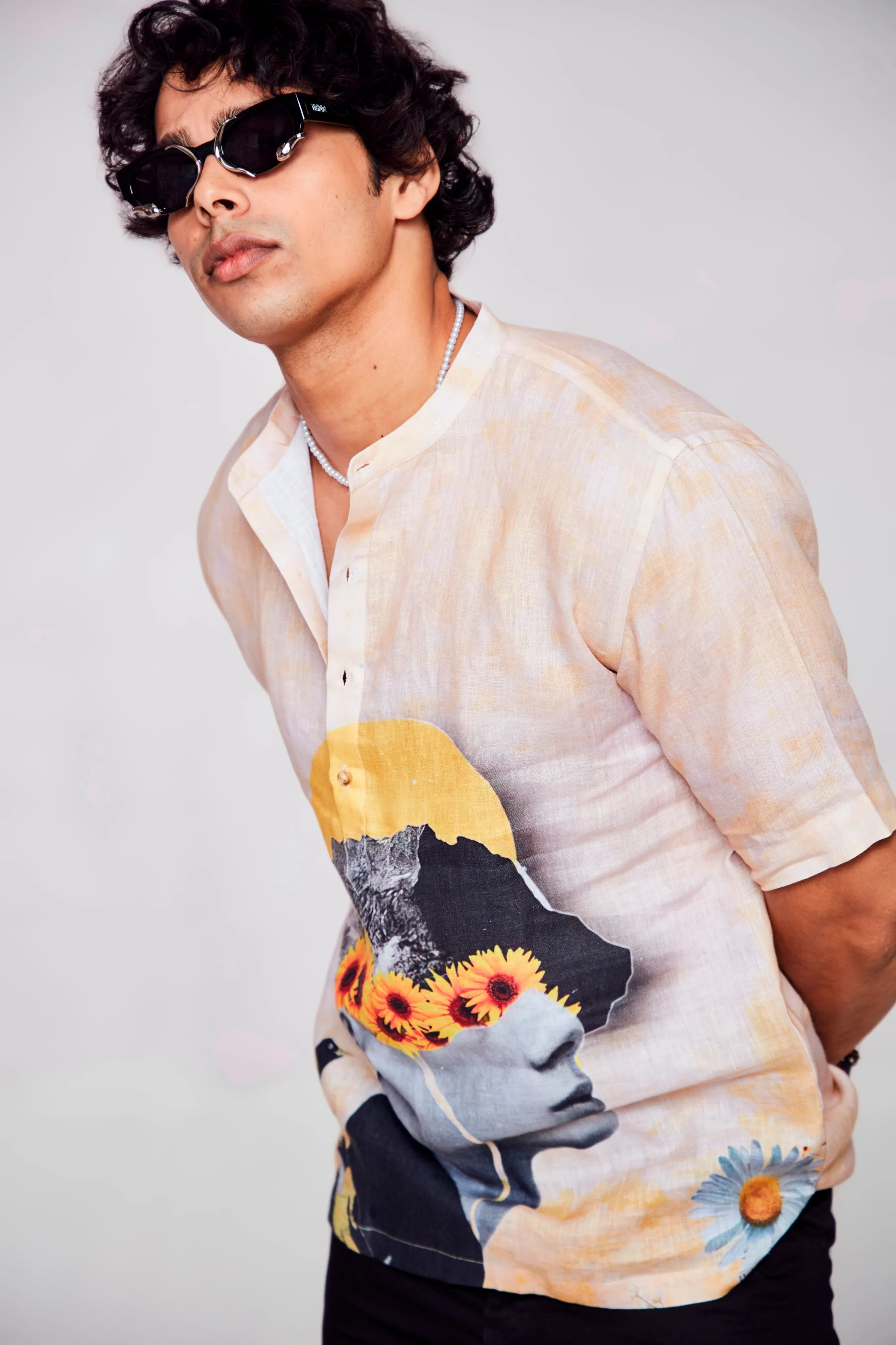 Infinite Embrace Printed Shirt : Depths of Self Expression through Faces - Pure Linen Short Sleeve Kurta