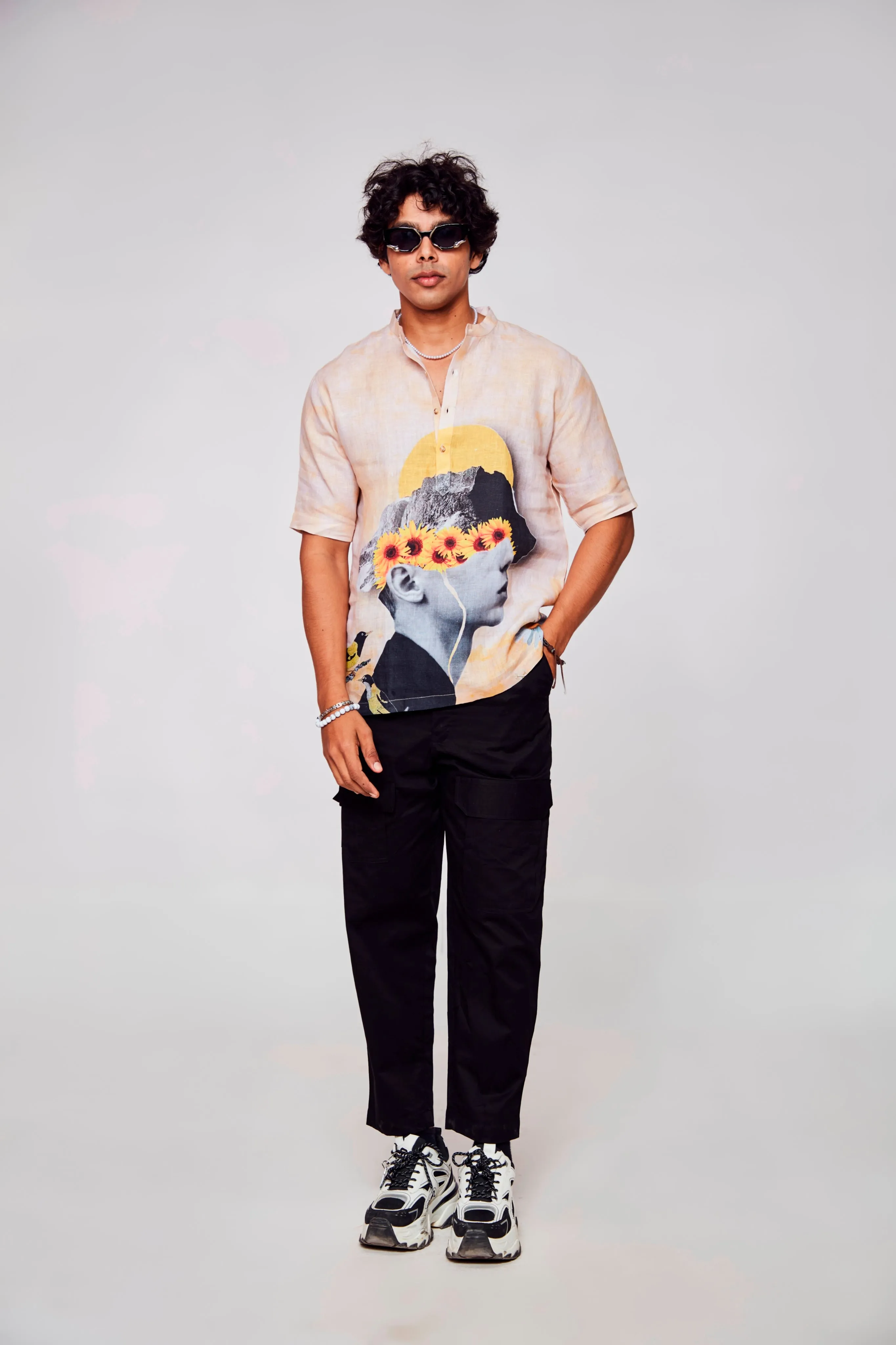 Infinite Embrace Printed Shirt : Depths of Self Expression through Faces - Pure Linen Short Sleeve Kurta