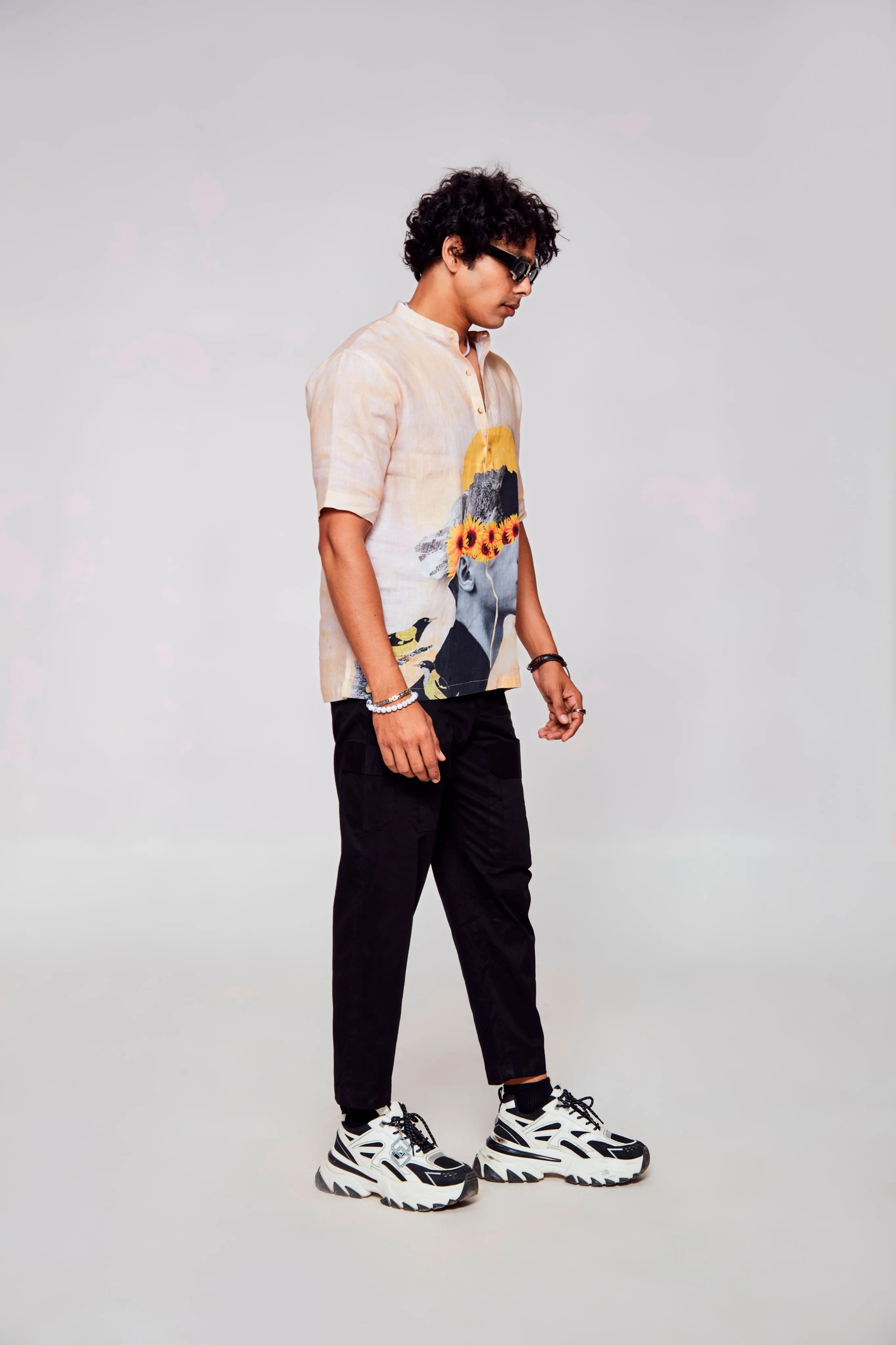 Infinite Embrace Printed Shirt : Depths of Self Expression through Faces - Pure Linen Short Sleeve Kurta