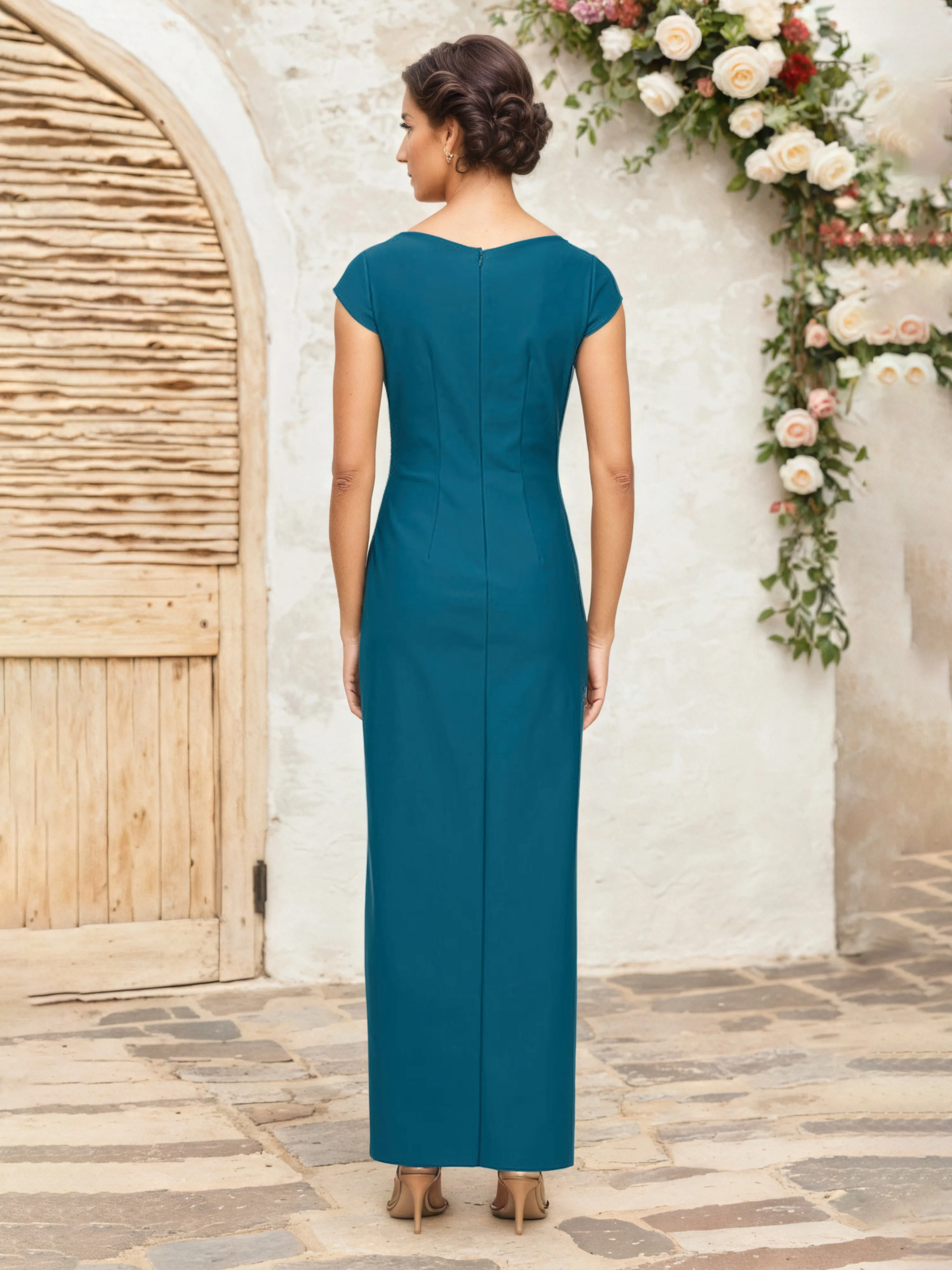 Peacock Mother Of The Bride Dress Cap Sleeves V-Neck Sheath Long Mother Of The Bride Dresses