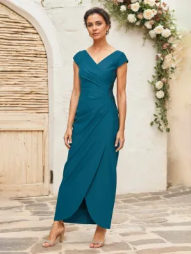 Peacock Mother Of The Bride Dress Cap Sleeves V-Neck Sheath Long Mother Of The Bride Dresses
