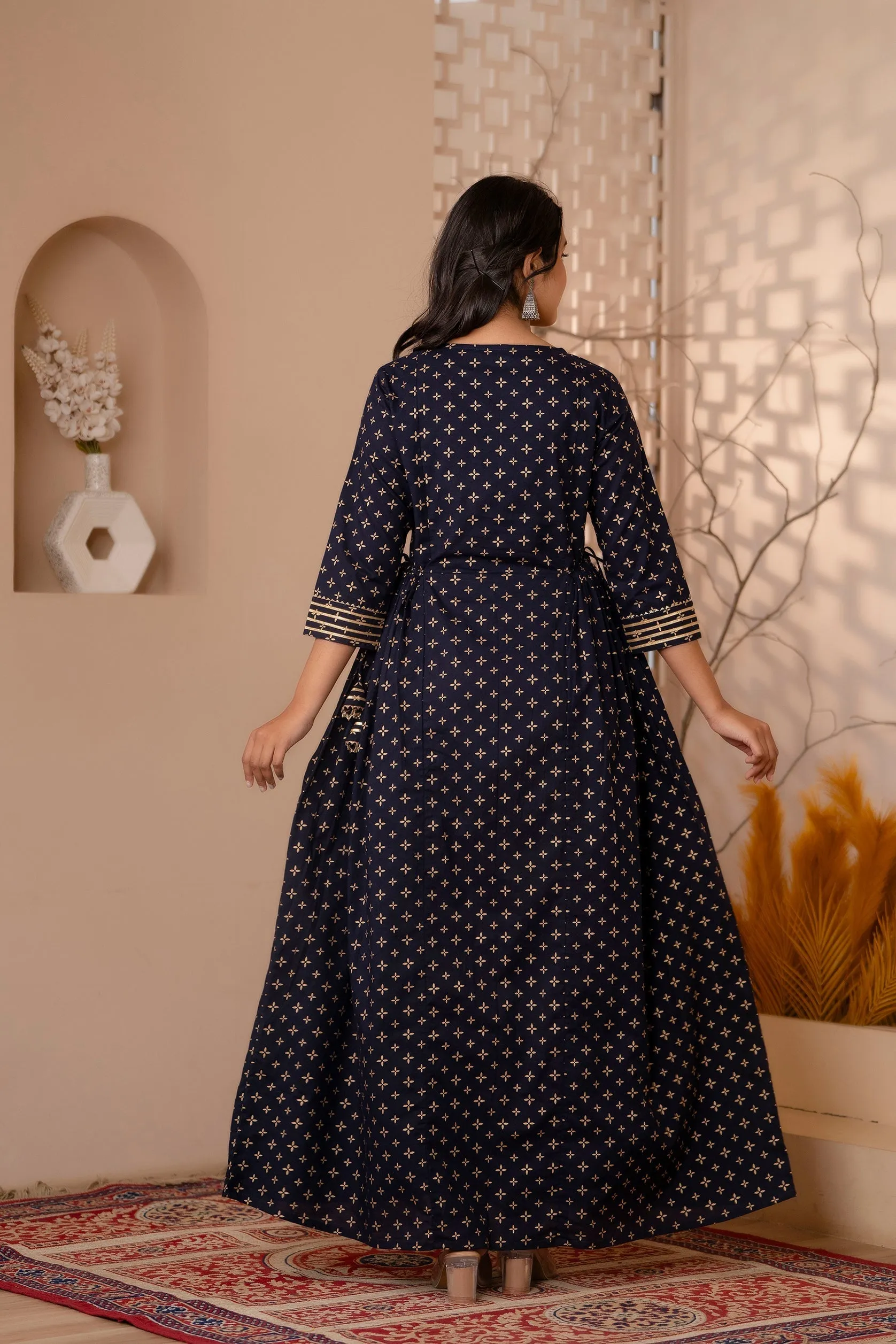 Women Navy Blue Gold Printed Flared Dress With Three Quarter Sleeves